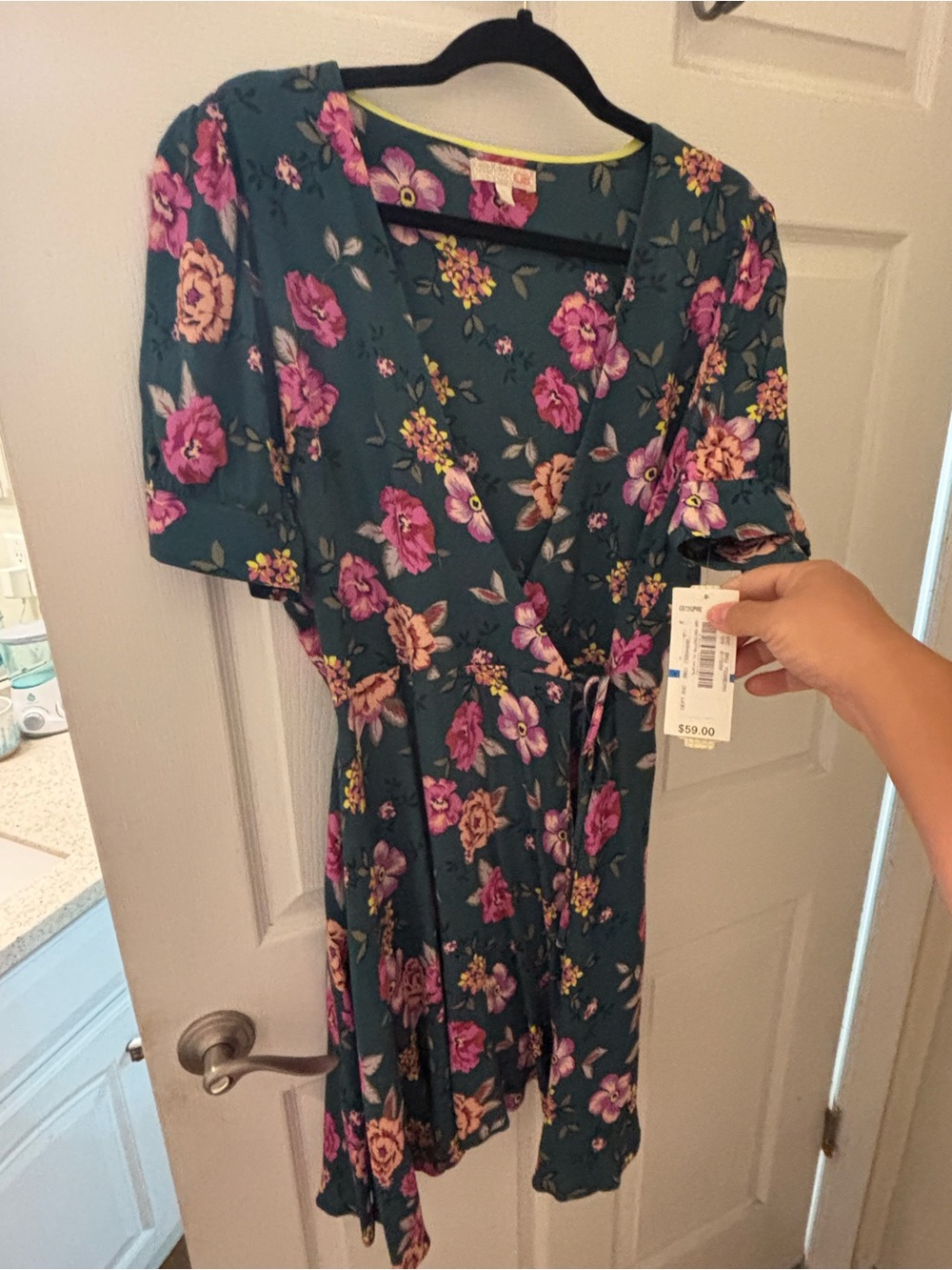 Teal Floral Wrap Dress with Pink & Peach Blooms